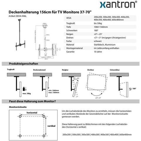 Supporto A Soffitto Per Monitor Tv 37-70"" Girevole, Inclinabile, Ruotabile, Regolabile In Altezza, Deha-946l - Foto 3