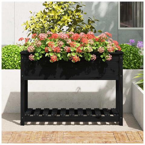 Fioriera Con Mensola Nera 111,5x54x81cm Legno Massello Di Pino - Foto 2