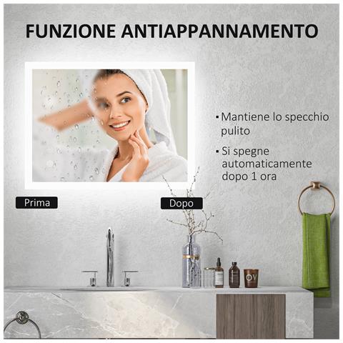 Specchio Bagno Led Antiappannamento Con 3 Colori E Luminosità Regolabile, In Metallo E Vetro, 80x60x3 Cm - Foto 6