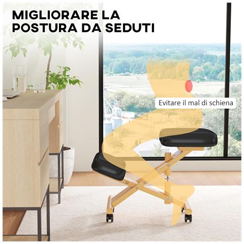 Sedia Ergonomica Posturale con Inginocchiatoio, Altezza Regolabile e Rotelle in Legno, Nero - Foto 2