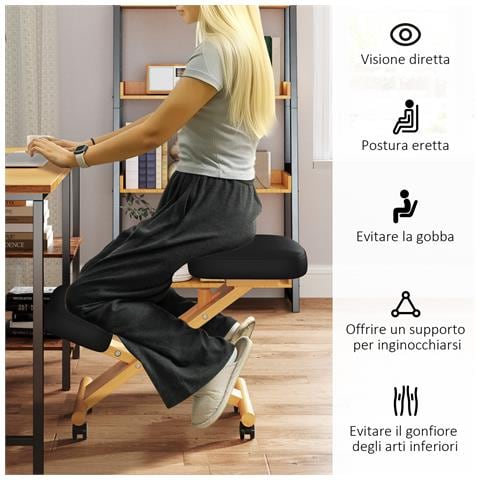 Sedia Ergonomica Posturale con Inginocchiatoio, Altezza Regolabile e Rotelle in Legno, Nero - Foto 6