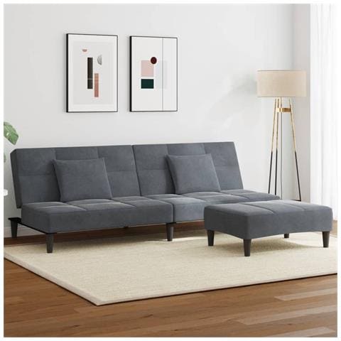 Divano Letto 2 Posti con Poggiapiedi Grigio Scuro in Velluto - Foto 2