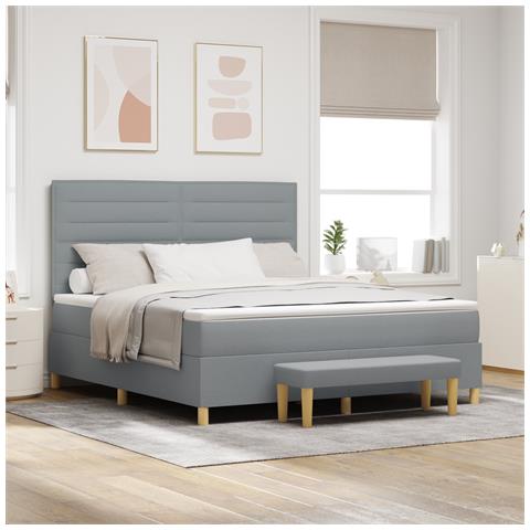 Letto Box Spring con Materasso e Panchina Grigio Chiaro 180x200 cm Tessuto - Foto 2