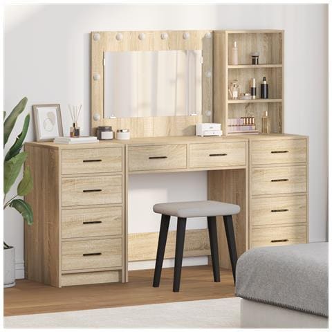 Set di Toeletta a 3 Pezzi con LED in Legno Ingegnerizzato Rovere Sonoma - Foto 2