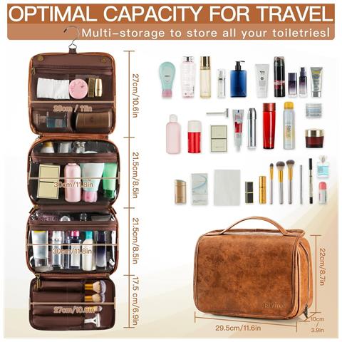 Borsa Da Toilette Da Viaggio 3-in-1 - Organizer Portatile In Pelle Pu Con Gancio E Scomparti Multipli Brown - Foto 2