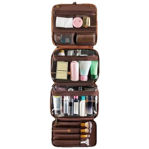 Borsa Da Toilette Da Viaggio 3-in-1 - Organizer Portatile In Pelle Pu Con Gancio E Scomparti Multipli Brown - Foto 5