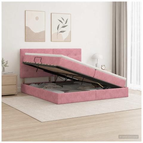 Letto con contenitore e materasso Rosa 200 x 200 cm Velluto - Foto 2