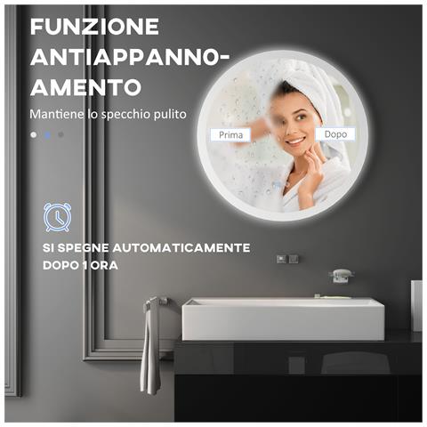 Specchio Bagno Led Antiappannamento Con 3 Colori E Luminosità Regolabile, In Metallo E Vetro, Ø70x3 Cm - Foto 6
