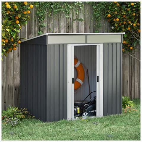 Casetta Da Giardino Porta Attrezzi Con 4 Finestre E 2 Ganci, In Acciaio Zincato, 195x122x181.5 Cm, Grigio - Foto 2