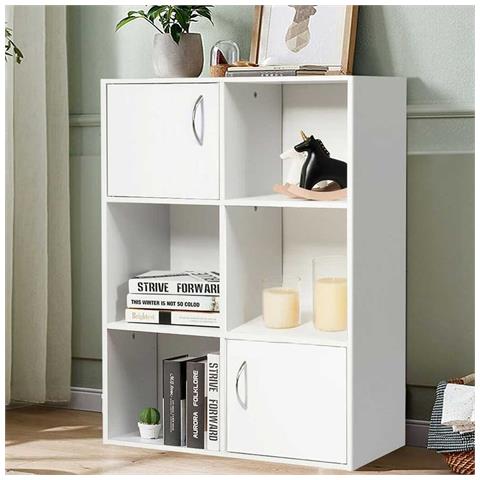 Mobile Libreria 6 Ripiani 2 Ante Scaffale in Legno MDF Design Moderno Bianco - Foto 5