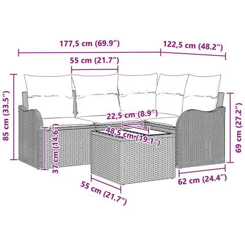 Set di divano da giardino  4 Pezzi con cuscini Vimini marrone, Divano da giardino  2 posti con cuscini Polyrattan nero - Foto 9