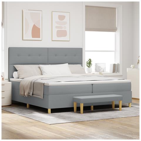 Letto Box Spring con Materasso e Panchina Grigio Chiaro 200x200 cm Tessuto - Foto 2