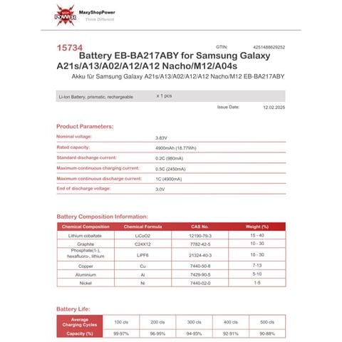 Oem Batteria Testata Pari Originale Eb-ba217aby Per Samsung Galaxy A04s - A12 - A13 4g 5g - A21s - Foto 2