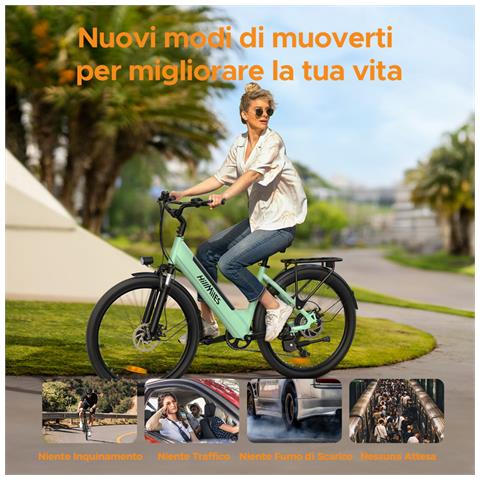 MileCity 1 Bicicletta Elettrica 26 '' per donna, motore 250W, batteria 36V 13Ah, autonomia fino a 100km, cambio 7 velocità, freno a disco meccanico, telaio Step-Thru, Grigia - Foto 10