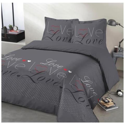 Parure De Couette Love - 100% Coton - 1 Housse De Couette 200 X 200 Cm + 2 Taies D'oreiller 65 X 65 Cm - Gris - Foto 1