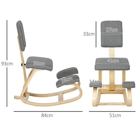 Sedia Inginocchiatoio con Movimento a Dondolo, in Tessuto Effetto Lino e Legno di Betulla, 51x84x93 cm, Grigio - Foto 2