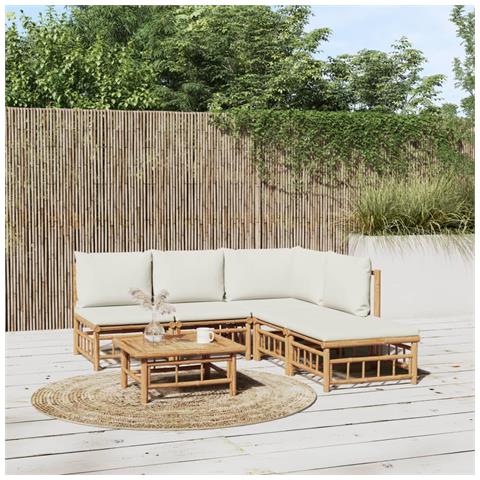 Set Salotto da Giardino 6pz con Cuscini Bianco Crema in Bambù - Foto 2