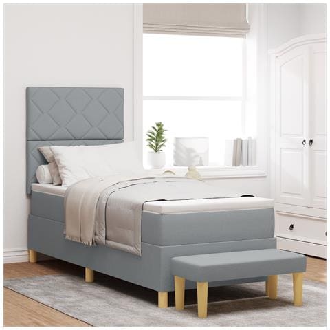 Letto Box Spring con Materasso e Panchina Grigio Chiaro 80x200 cm Tessuto - Foto 2