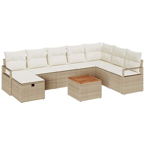 Set Divano da Giardino con cuscino 9 pcs Beige Poly Rattan - Foto 1