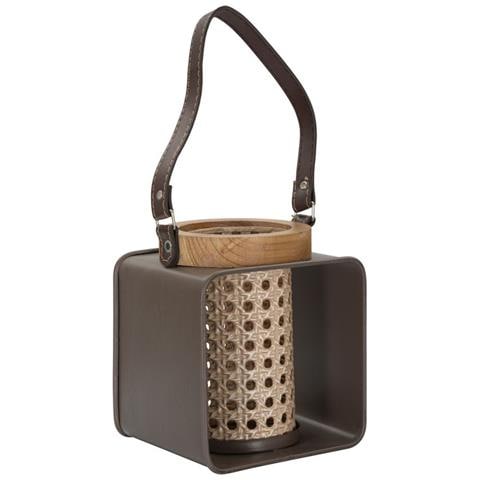 Lanterna In Ferro E Rattan Con Manico In Cuoio Cm 16x13x20 - Foto 1