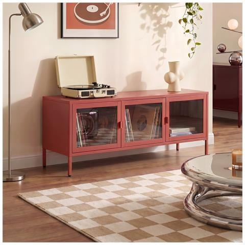 Mobile Industrial Tv Port In Metal Ezra Da 130 Cm With 3 Ante, In Terracotta And Glass Temperato. - Foto 1