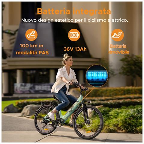 MileCity 1 Bici Elettrica Urbana 26'', motore 250W, batteria rimovibile 36V 13Ah, sospensione anteriore, display LED, adatta al pendolarismo, Verde - Foto 10
