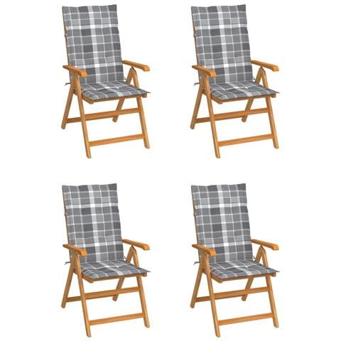 Sedie Giardino 4 pz e Cuscini Grigi a Quadri Massello di Teak - Foto 1