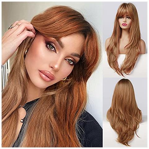 Parrucca Zenzero Con Frangetta - Parrucche Castano Ramato Per Donna, Capelli Lunghi Lisci A Strati Rosso Rame, Radici Scure Biondo Miele Chiaro, Parrucche Sintetiche Naturali Resistenti Al Calore Per Feste Di Halloween E Natale - Foto 1