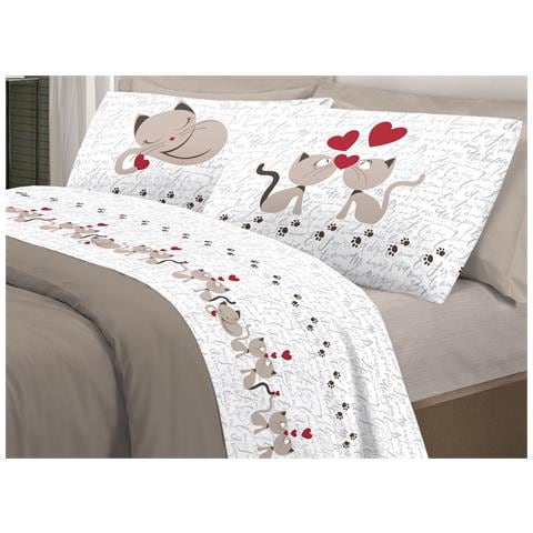 Completo Lenzuola Linea Pensieri Delicati 100% Cotone Disegno Gattini Piazza E Mezza Beige - Foto 1
