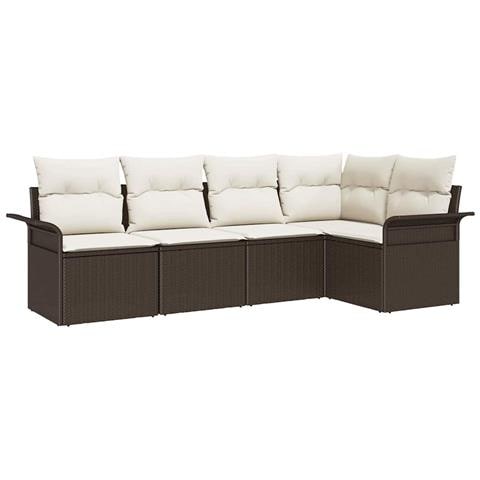 Set di Sofà da Giardino a 5 Pezzi con Cuscini in Rattan Sintetico Marrone, Divano da Giardino a 2 Posti con Scaffale e Cuscini in Rattan Sintetico Marrone - Foto 1