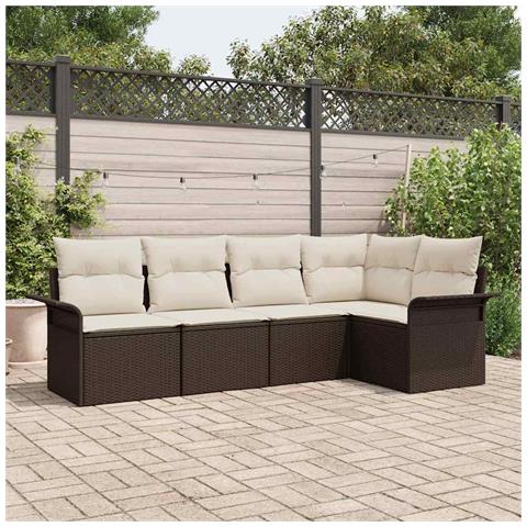 Set di Sofà da Giardino a 5 Pezzi con Cuscini in Rattan Sintetico Marrone, Divano da Giardino a 2 Posti con Scaffale e Cuscini in Rattan Sintetico Marrone - Foto 2