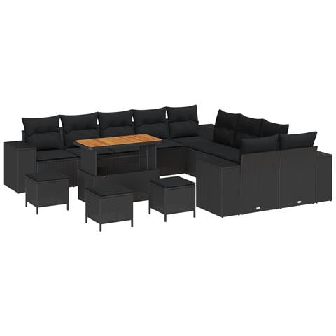 Set Divano Giardino  14 Pezzi con Cuscini Rattan Polyrattan Nero Acacia, Set da Pranzo Giardino  4 Pezzi con Cuscini Rattan Polyrattan Nero Acacia - Foto 1