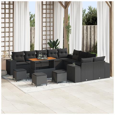 Set Divano Giardino  14 Pezzi con Cuscini Rattan Polyrattan Nero Acacia, Set da Pranzo Giardino  4 Pezzi con Cuscini Rattan Polyrattan Nero Acacia - Foto 2