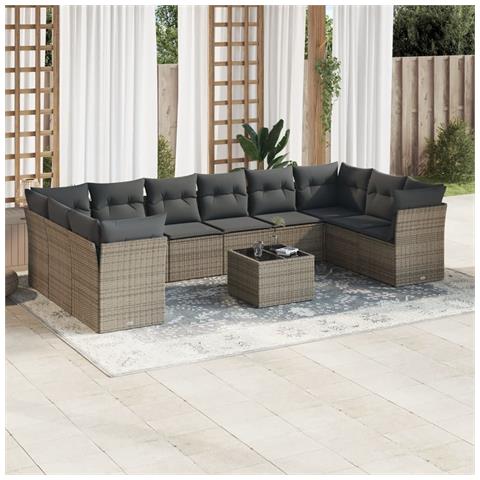 Set Divani da Giardino 11 pz con Cuscini in Polyrattan Grigio - Foto 2