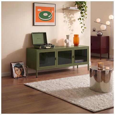 Mobile Industrial Tv Port In Metal Ezra Da 130 Cm With 3 Ante, Olive Green And Glass Temperato. - Foto 2