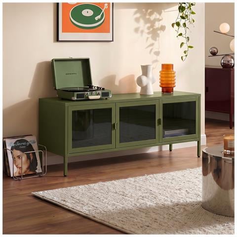 Mobile Industrial Tv Port In Metal Ezra Da 130 Cm With 3 Ante, Olive Green And Glass Temperato. - Foto 1