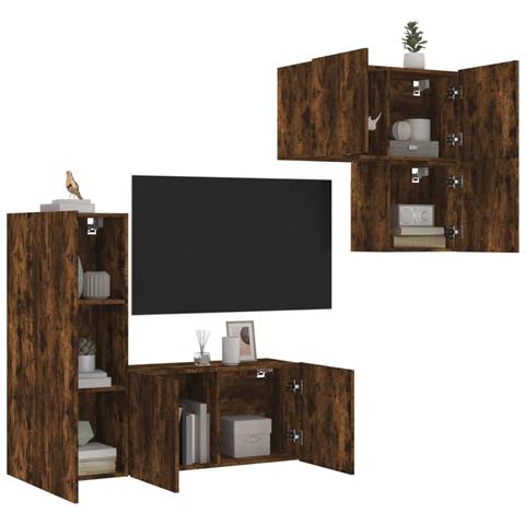 Mobili Tv A Muro 4pz Rovere Fumo In Legno Multistrato - Foto 1