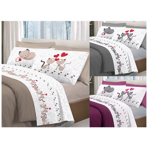 Completo Lenzuola Linea Pensieri Delicati 100% Cotone Disegno Gattini Singolo Grigio - Foto 2