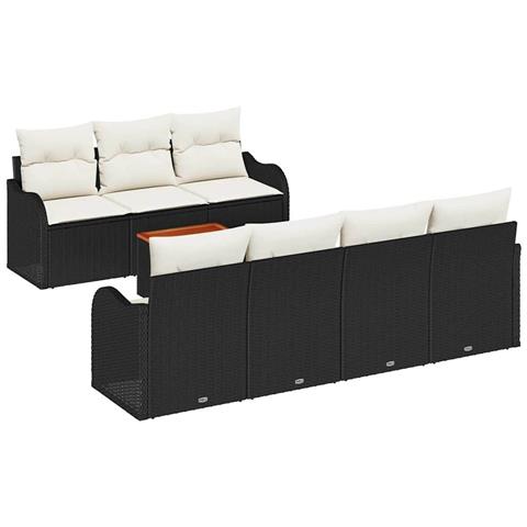 Set di divani da giardino 8 pezzi con cuscini in polyrattan nero e acacia, Divano da giardino 2 posti con cuscini in polyrattan nero - Foto 1