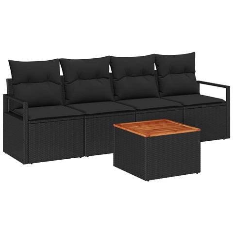 Set di Sofà da Giardino a 5 Pezzi con Cuscini Nero Polyrattan Acacia, Sofà da Giardino a 2 Posti con Cuscini Nero Polyrattan - Foto 1