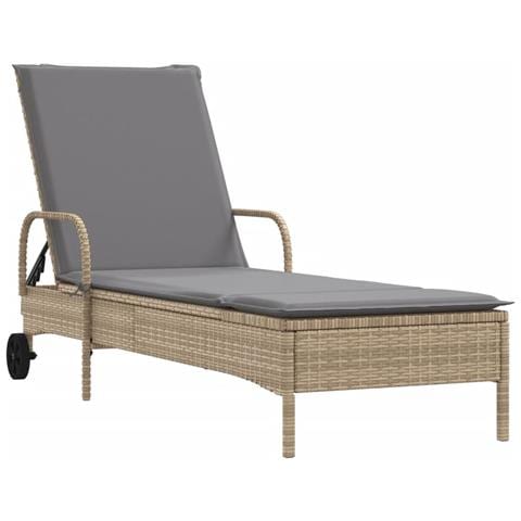 Lettino Prendisole con Ruote e Cuscino in Polyrattan Beige - Foto 1