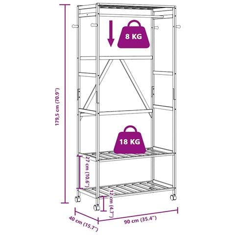 Appendiabiti con Ripiani e Ruote 90x40x179,5 cm in Bambù - Foto 8