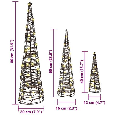Albero di Natale 3 pcs Bianco caldo 20 x 20 x 80 cm Rattan - Foto 8
