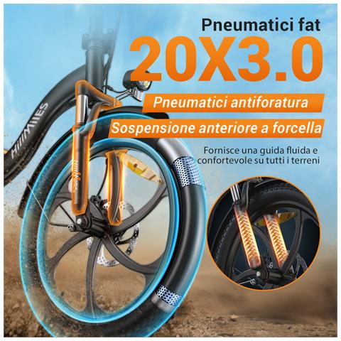 MilePort 1 Bicicletta Elettrica Pieghevole 20'', motore 250W, batteria 36V 13Ah, autonomia fino a 100km, pneumatici fat 20x3.0, freno a disco meccanico, sospensione anteriore, Nera - Foto 2