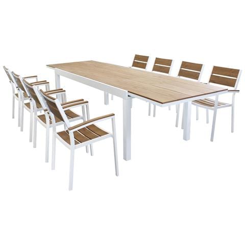 Set Tavolo Giardino Allungabile Rettangolare 200/300 X 100 Con 8 Poltrone In Alluminio Bianco E Polywood Da Esterno - Foto 1
