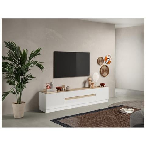 Mobile Tv Con 2 Ante E 2 Cassetti Bianco Laccato E Naturale - Emora - Foto 1