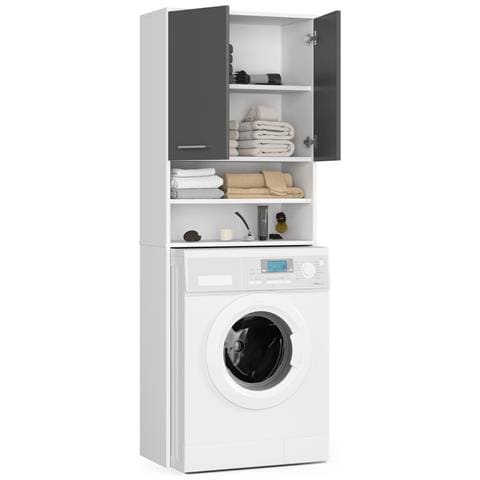 Mobile Alto, Collona da Bagno FIN per Lavatrice, 2 ante, 64x30x180 cm, Colore Bianco e Grigio Grafite - Foto 2