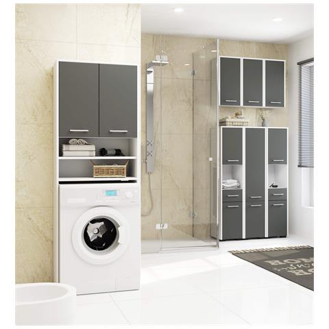 Mobile Alto, Collona da Bagno FIN per Lavatrice, 2 ante, 64x30x180 cm, Colore Bianco e Grigio Grafite - Foto 5
