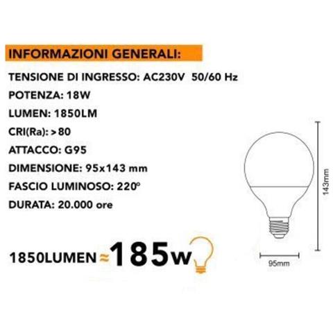 Lampadina Led 18 W Lampada Globo Sfera Luce Calda 3000k E27 G95 - Foto 3