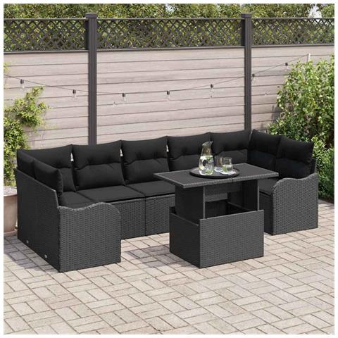 Set di divani da giardino 8 pezzi con cuscini in polyrattan nero, Divano da giardino per due persone con cuscini in polyrattan nero - Foto 2
